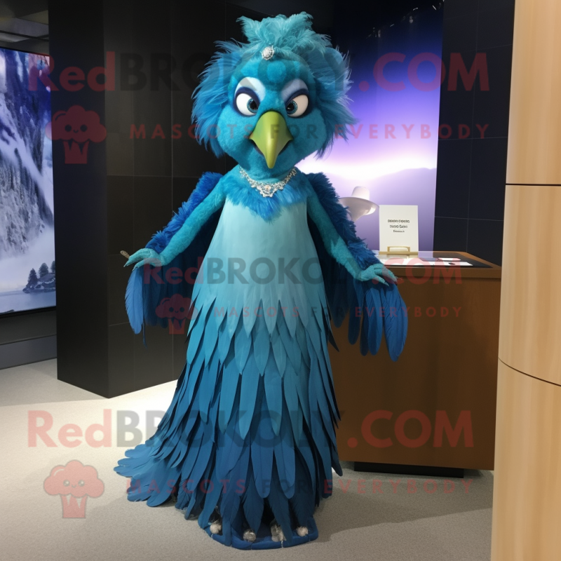 Cyan Harpy mascot costume character dressed with a Evening Gown and Necklaces