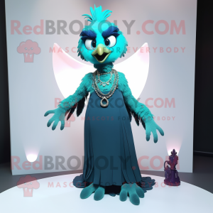 Cyan Harpy mascot costume character dressed with a Evening Gown and Necklaces