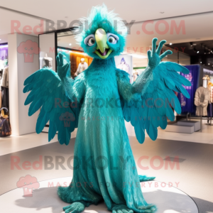 Cyan Harpy mascot costume character dressed with a Evening Gown and Necklaces