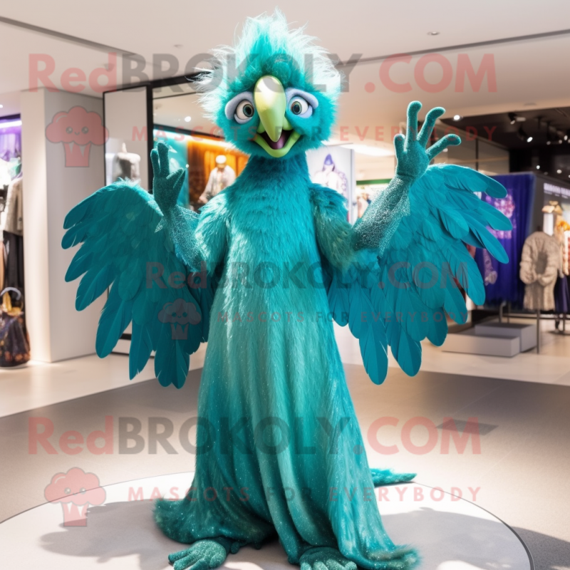 Cyan Harpy mascot costume character dressed with a Evening Gown and Necklaces