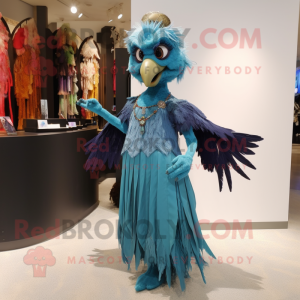 Cyan Harpy mascot costume character dressed with a Evening Gown and Necklaces