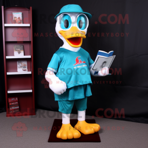 Teal Muscovy Duck mascot costume character dressed with a Polo Tee and Reading glasses