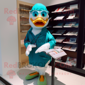 Teal Muscovy Duck mascot costume character dressed with a Polo Tee and Reading glasses