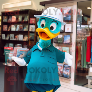 Teal Muscovy Duck mascot costume character dressed with a Polo Tee and Reading glasses