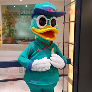 Teal Muscovy Duck mascot costume character dressed with a Polo Tee and Reading glasses