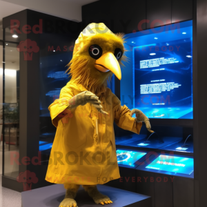 Gold Archeopteryx mascot costume character dressed with a Raincoat and Digital watches