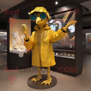 Gold Archeopteryx mascot costume character dressed with a Raincoat and Digital watches