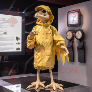 Gold Archeopteryx mascot costume character dressed with a Raincoat and Digital watches