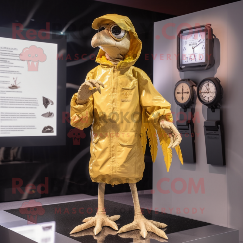 Gold Archeopteryx mascot costume character dressed with a Raincoat and Digital watches Gold Archeopteryx mascot costume character dressed with a Raincoat and Digital watches