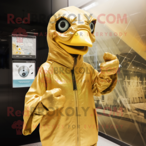 Gold Archeopteryx mascot costume character dressed with a Raincoat and Digital watches