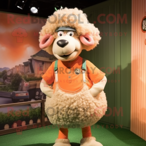 Peach Merino Sheep mascot costume character dressed with a Polo Tee and Earrings