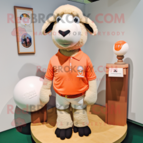 Peach Merino Sheep mascot costume character dressed with a Polo Tee and Earrings