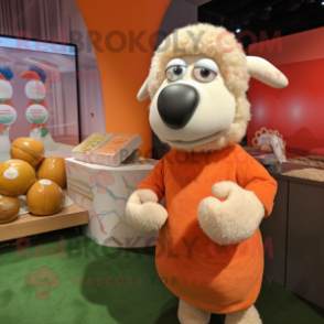 Peach Merino Sheep mascot costume character dressed with a Polo Tee and Earrings