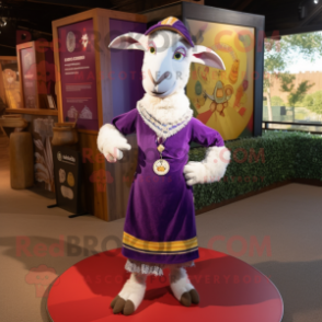 Purple Boer Goat mascot costume character dressed with a Jumpsuit and Shawls