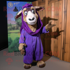 Purple Boer Goat mascot costume character dressed with a Jumpsuit and Shawls