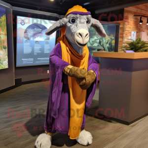 Purple Boer Goat mascot costume character dressed with a Jumpsuit and Shawls