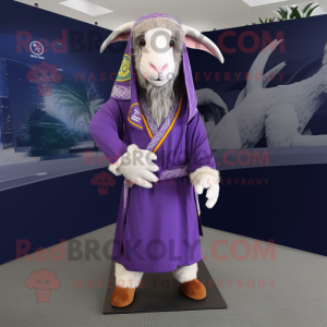 Purple Boer Goat mascot costume character dressed with a Jumpsuit and Shawls