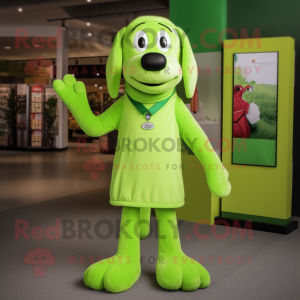 Lime Green Dog mascot costume character dressed with a Sheath Dress and Shoe laces