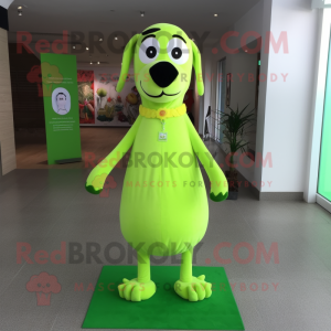 Lime Green Dog mascot costume character dressed with a Sheath Dress and Shoe laces