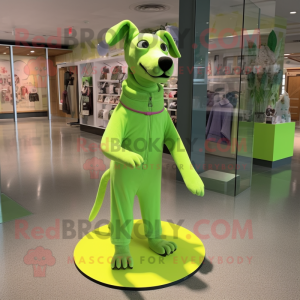 Lime Green Dog mascot costume character dressed with a Sheath Dress and Shoe laces