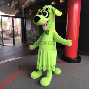 Lime Green Dog mascot costume character dressed with a Sheath Dress and Shoe laces