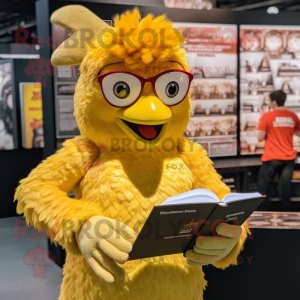 Gold Chicken Parmesan mascot costume character dressed with a Bodysuit and Reading glasses