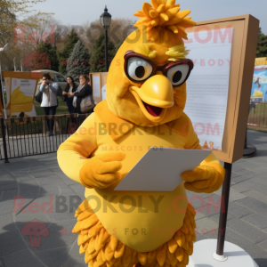 Gold Chicken Parmesan mascot costume character dressed with a Bodysuit and Reading glasses