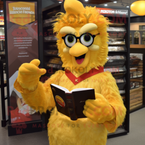 Gold Chicken Parmesan mascot costume character dressed with a Bodysuit and Reading glasses