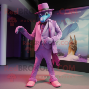 Purple Flamingo mascot costume character dressed with a Suit Pants and Hats