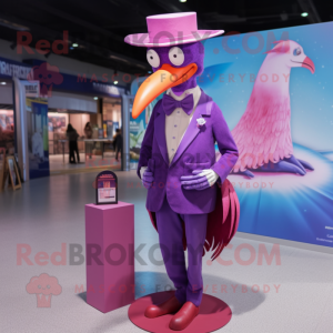 Purple Flamingo mascot costume character dressed with a Suit Pants and Hats
