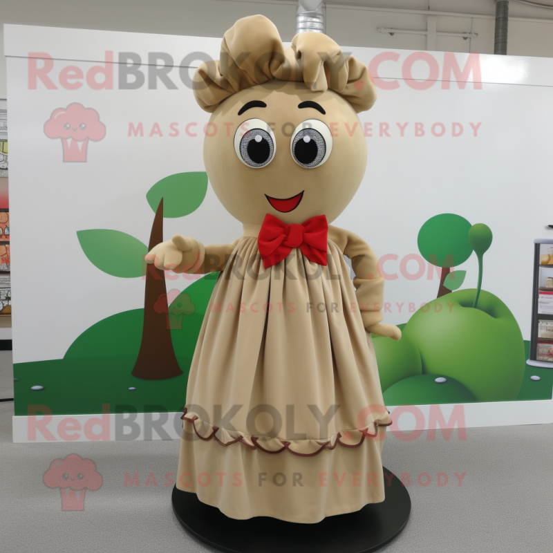 Tan Cherry mascot costume character dressed with a Midi Dress and Scarf clips Tan Cherry mascot costume character dressed with a Midi Dress and Scarf clips