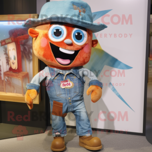 Rust Candy mascot costume character dressed with a Denim Shirt and Suspenders
