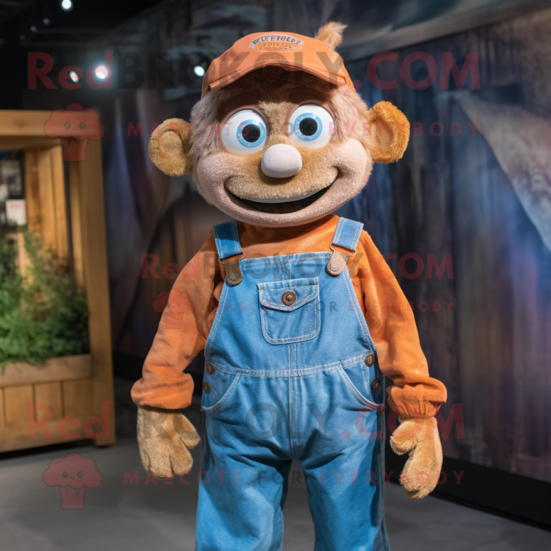 Rust Candy mascot costume character dressed with a Denim Shirt and Suspenders