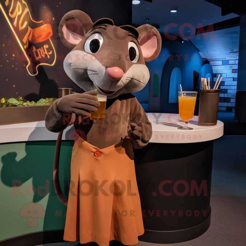 Brown Ratatouille mascot costume character dressed with a Cocktail Dress and Rings Brown Ratatouille mascot costume character dressed with a Cocktail Dress and Rings