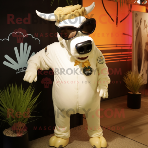 Cream Zebu mascot costume character dressed with a Jumpsuit and Sunglasses