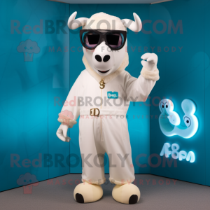 Cream Zebu mascot costume character dressed with a Jumpsuit and Sunglasses