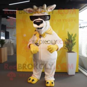 Cream Zebu mascot costume character dressed with a Jumpsuit and Sunglasses