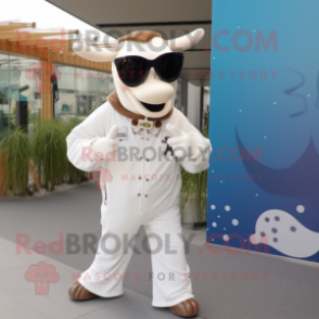 Cream Zebu mascot costume character dressed with a Jumpsuit and Sunglasses