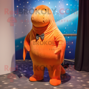 Orange Stellar'S Sea Cow mascot costume character dressed with a Trousers and Ties