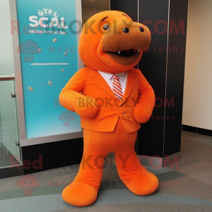 Orange Stellar'S Sea Cow mascot costume character dressed with a Trousers and Ties