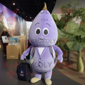 Lavender Pear mascot costume character dressed with a Suit and Backpacks