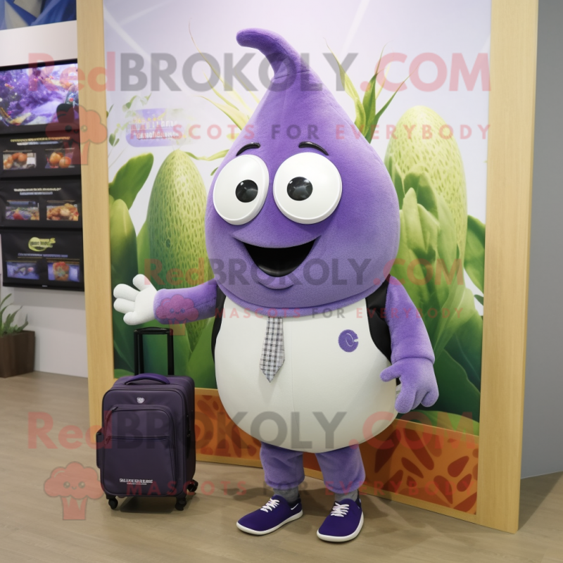 Lavender Pear mascot costume character dressed with a Suit and Backpacks