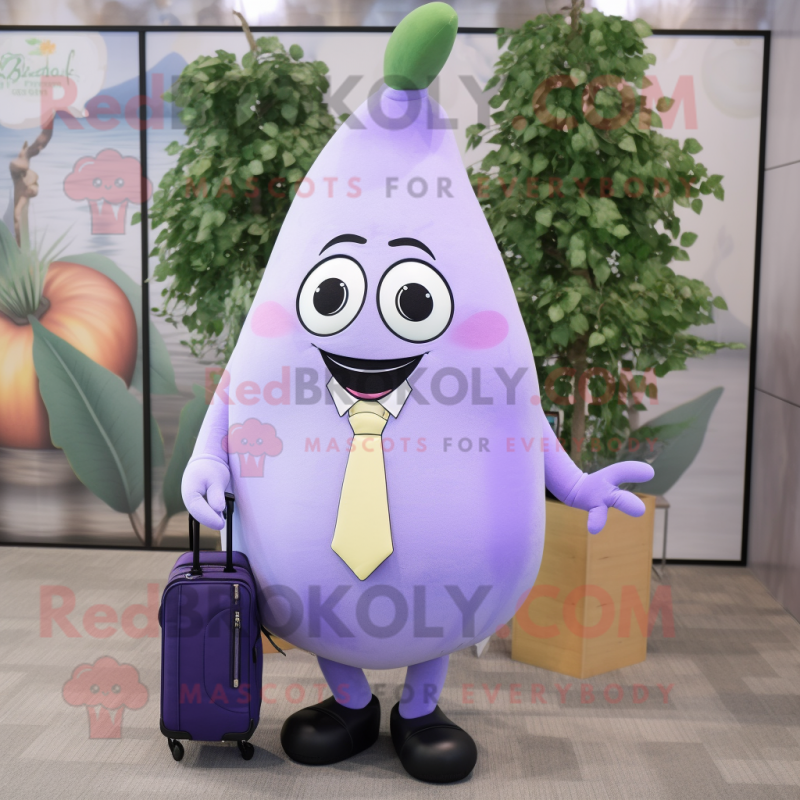 Lavender Pear mascot costume character dressed with a Suit and Backpacks