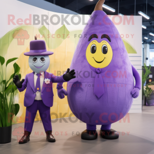 Lavender Pear mascot costume character dressed with a Suit and Backpacks
