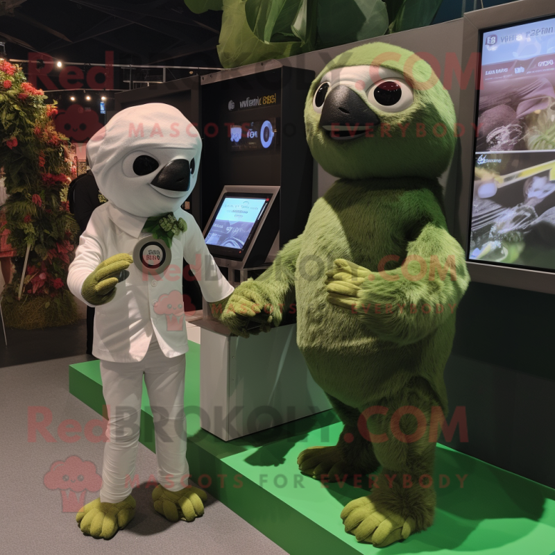 Green Sloth mascot costume character dressed with a Wedding Dress and Smartwatches