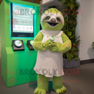 Green Sloth mascot costume character dressed with a Wedding Dress and Smartwatches