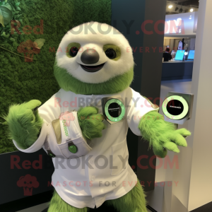Green Sloth mascot costume character dressed with a Wedding Dress and Smartwatches