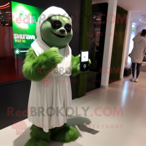 Green Sloth mascot costume character dressed with a Wedding Dress and Smartwatches