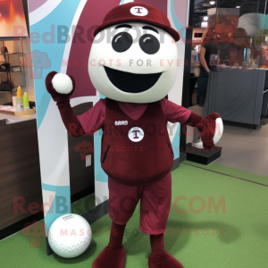 Maroon Golf Ball mascot costume character dressed with a Yoga Pants and Messenger bags