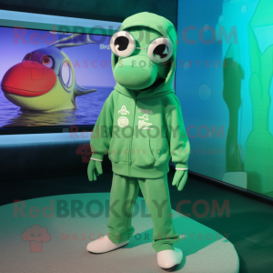 Green Dolphin mascot costume character dressed with a Sweatshirt and Eyeglasses